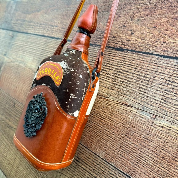 Vintage Leather/Cowhide Wrapped Tequila Collectable Bottle W Strap - Picture 4 of 6